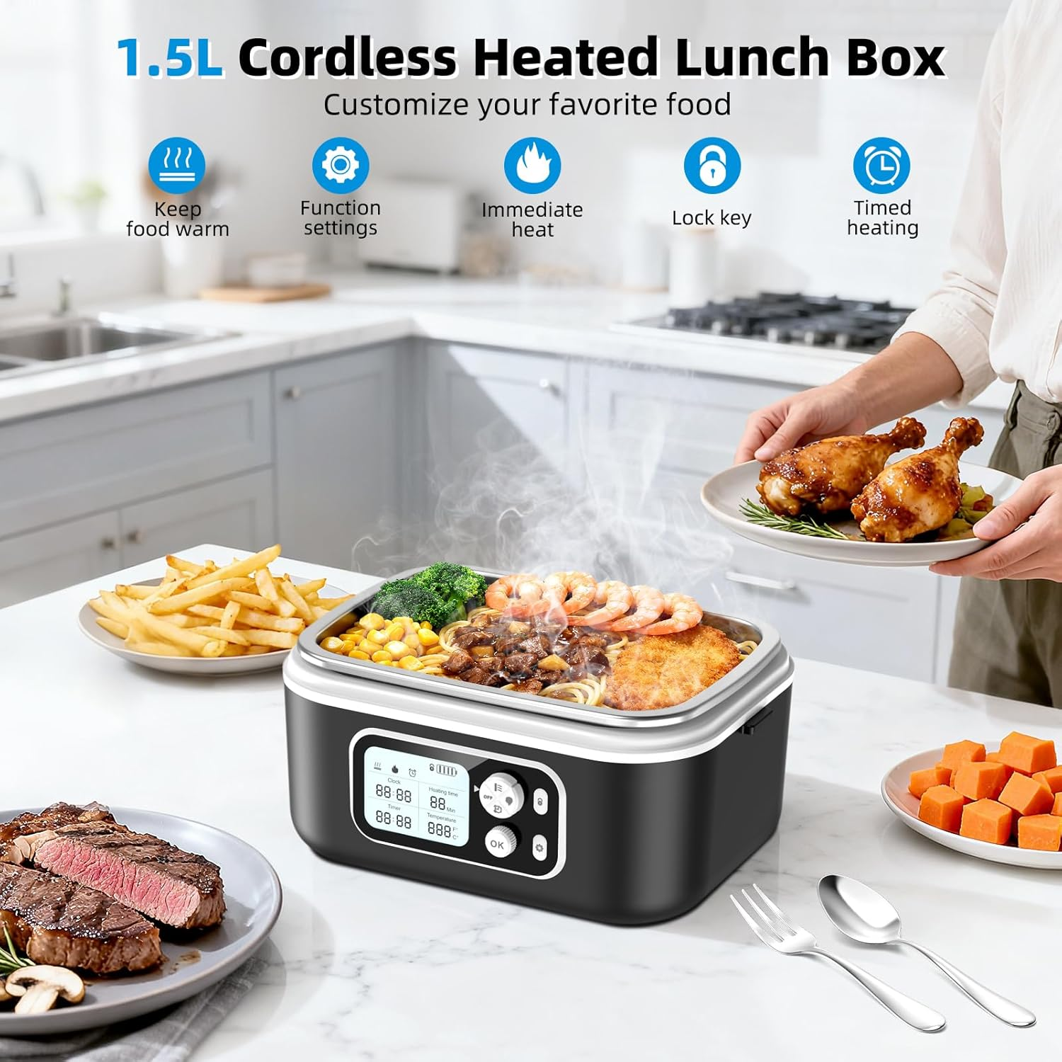 Heated Lunch Box 24000mAh Cordless Electric Food Warmer - Portable Hot Meal Container for Work, Travel & Outdoor