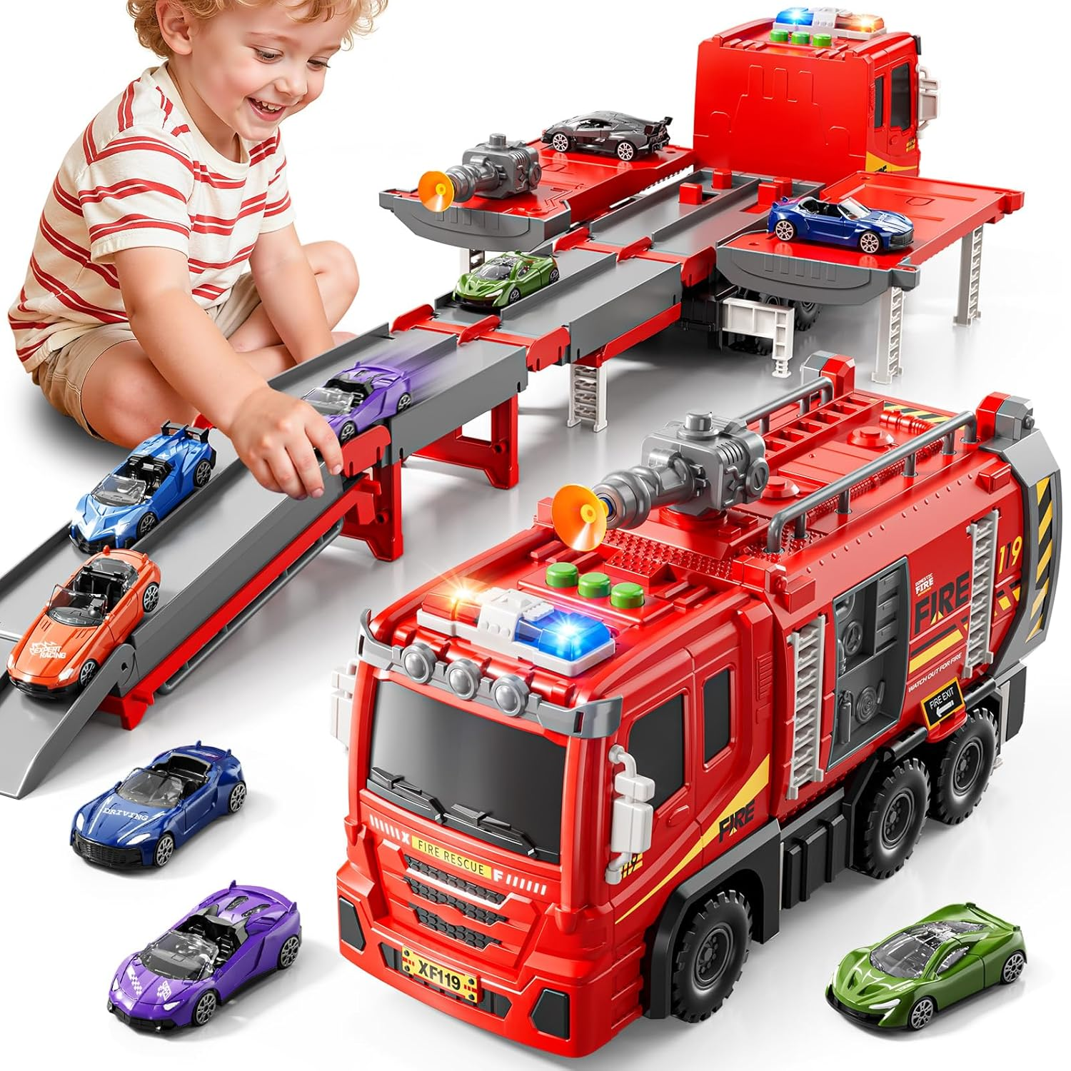 Fire Trucks Toys for Toddlers Ages 3-5, Folded Carrier Truck Race Track with with Lights & Sounds and 6 Racing Car Toys,