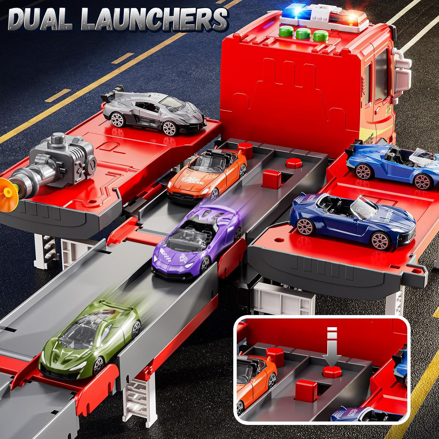 Fire Trucks Toys for Toddlers Ages 3-5, Folded Carrier Truck Race Track with with Lights & Sounds and 6 Racing Car Toys,