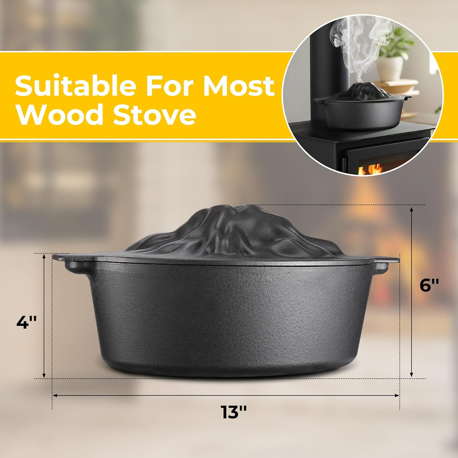 Wood Stove Humidifier Pot - Cast Iron Steamer with Porcelain Interior & Handle