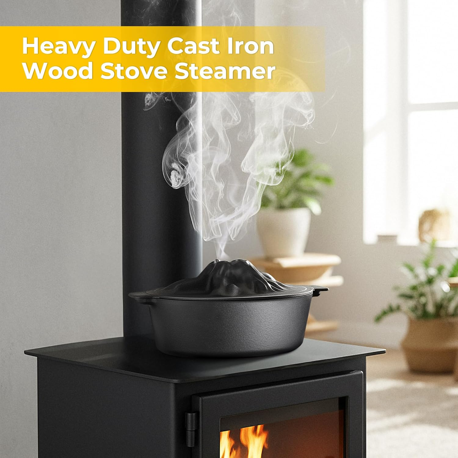Wood Stove Humidifier Pot - Cast Iron Steamer with Porcelain Interior & Handle