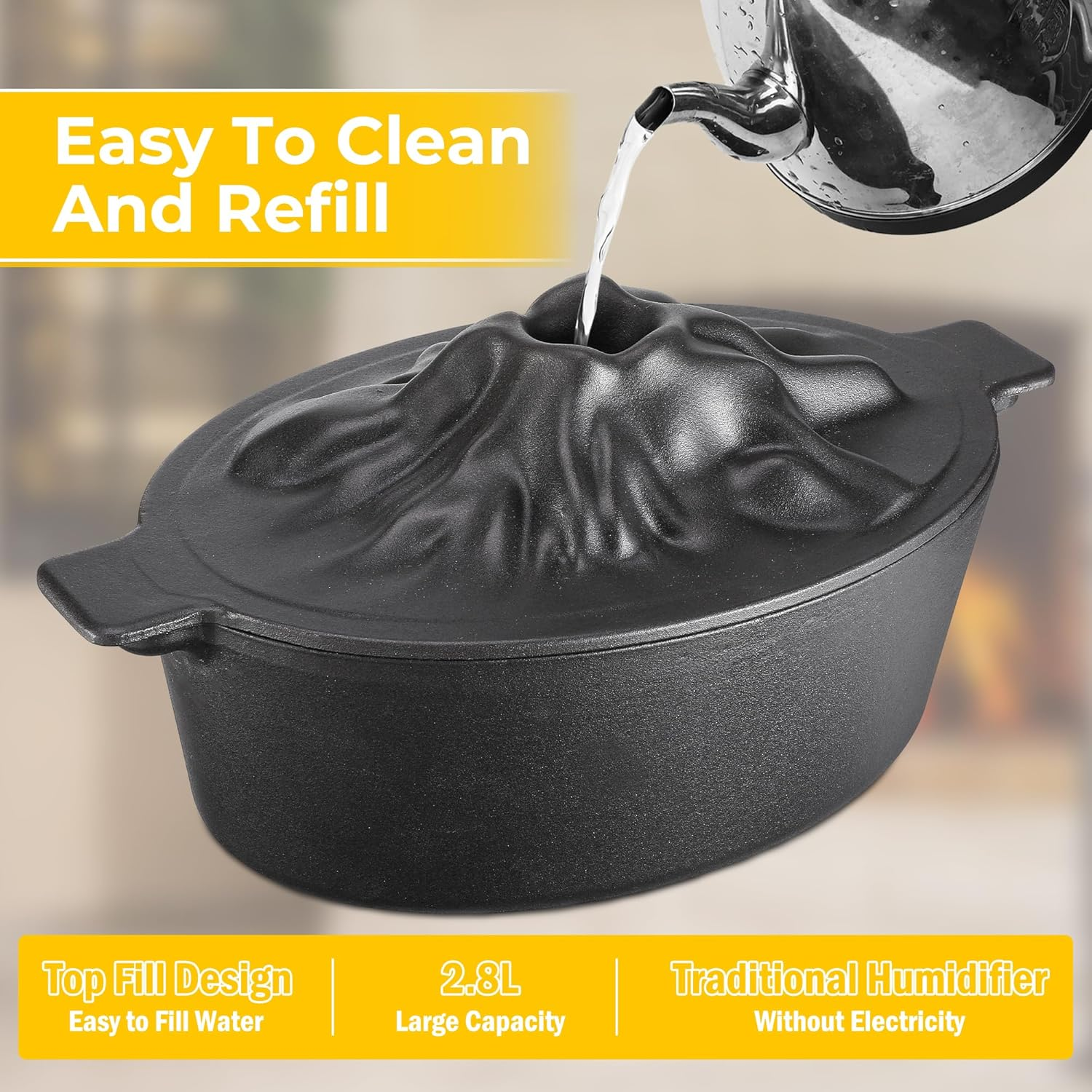 Wood Stove Humidifier Pot - Cast Iron Steamer with Porcelain Interior & Handle