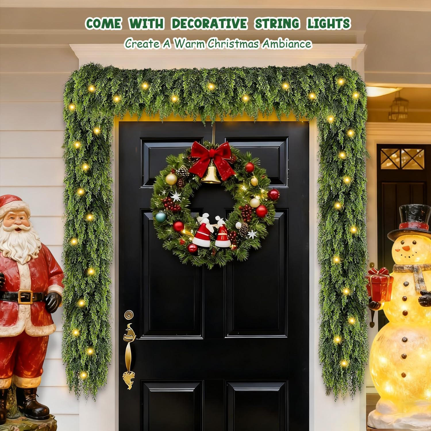 9FT Prelit Cedar Garland - Battery Operated with Warm LED Lights for Indoor/Outdoor