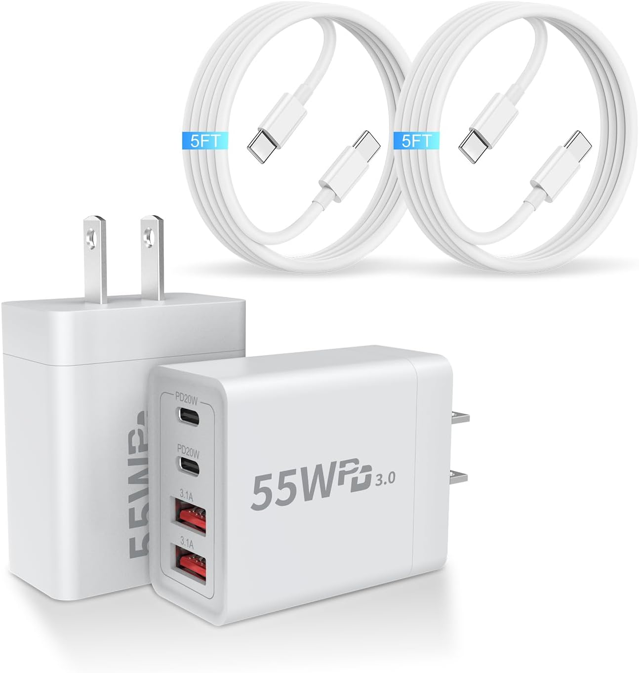 Dual Pack 55W USB-C Wall Charger - 4-Port Fast Charging Block with Quick Charge & PD 3.0 for iPhone, Samsung, Tablets & Laptops