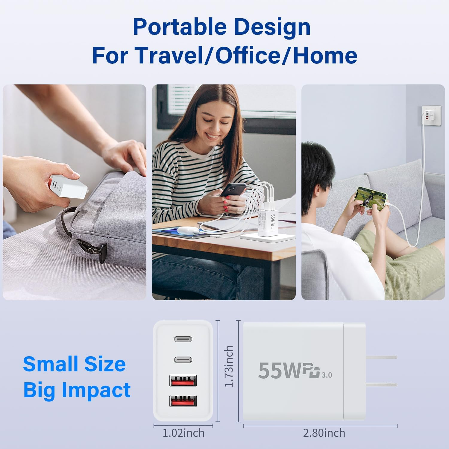Dual Pack 55W USB-C Wall Charger - 4-Port Fast Charging Block with Quick Charge & PD 3.0 for iPhone, Samsung, Tablets & Laptops