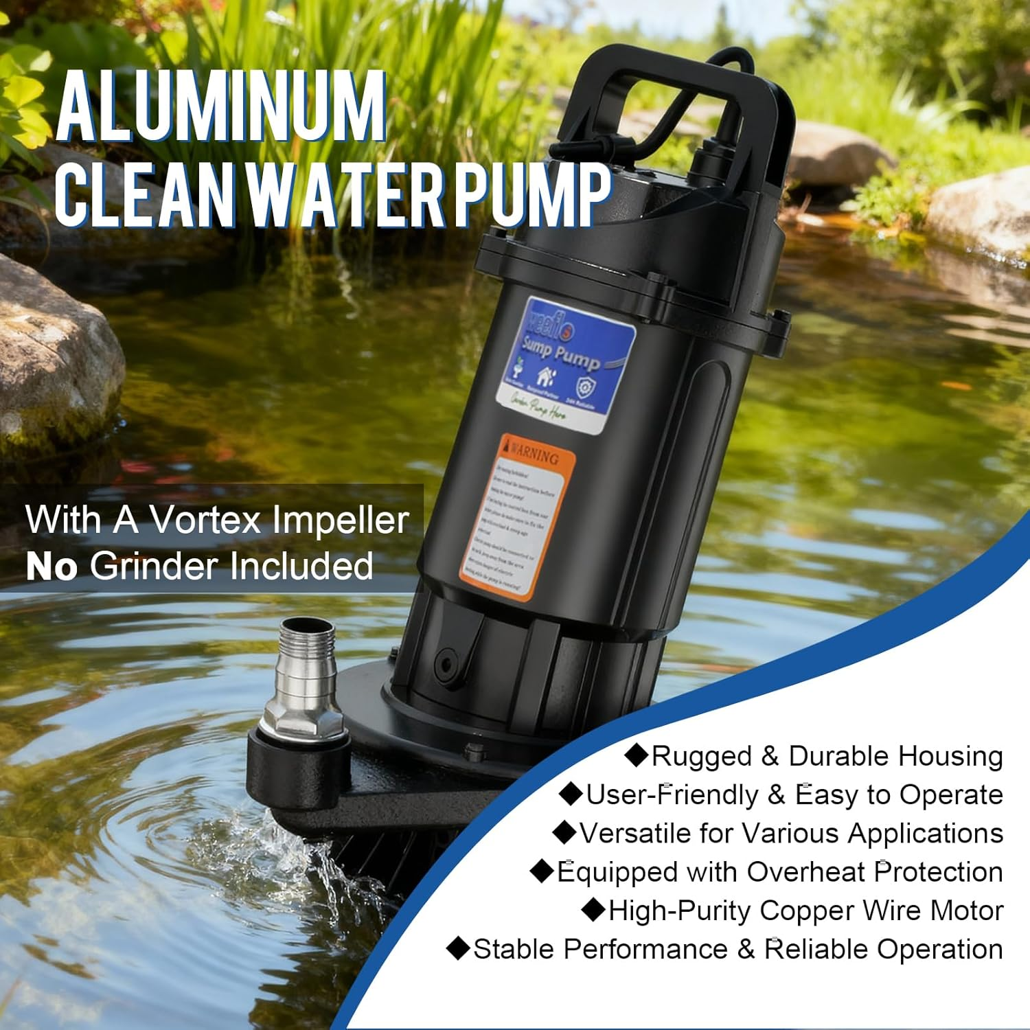 1.6HP Submersible Sump Pump 6300 GPH - Weeflos Heavy Duty Water Removal Pump with Auto Float Switch for Basement Flooding