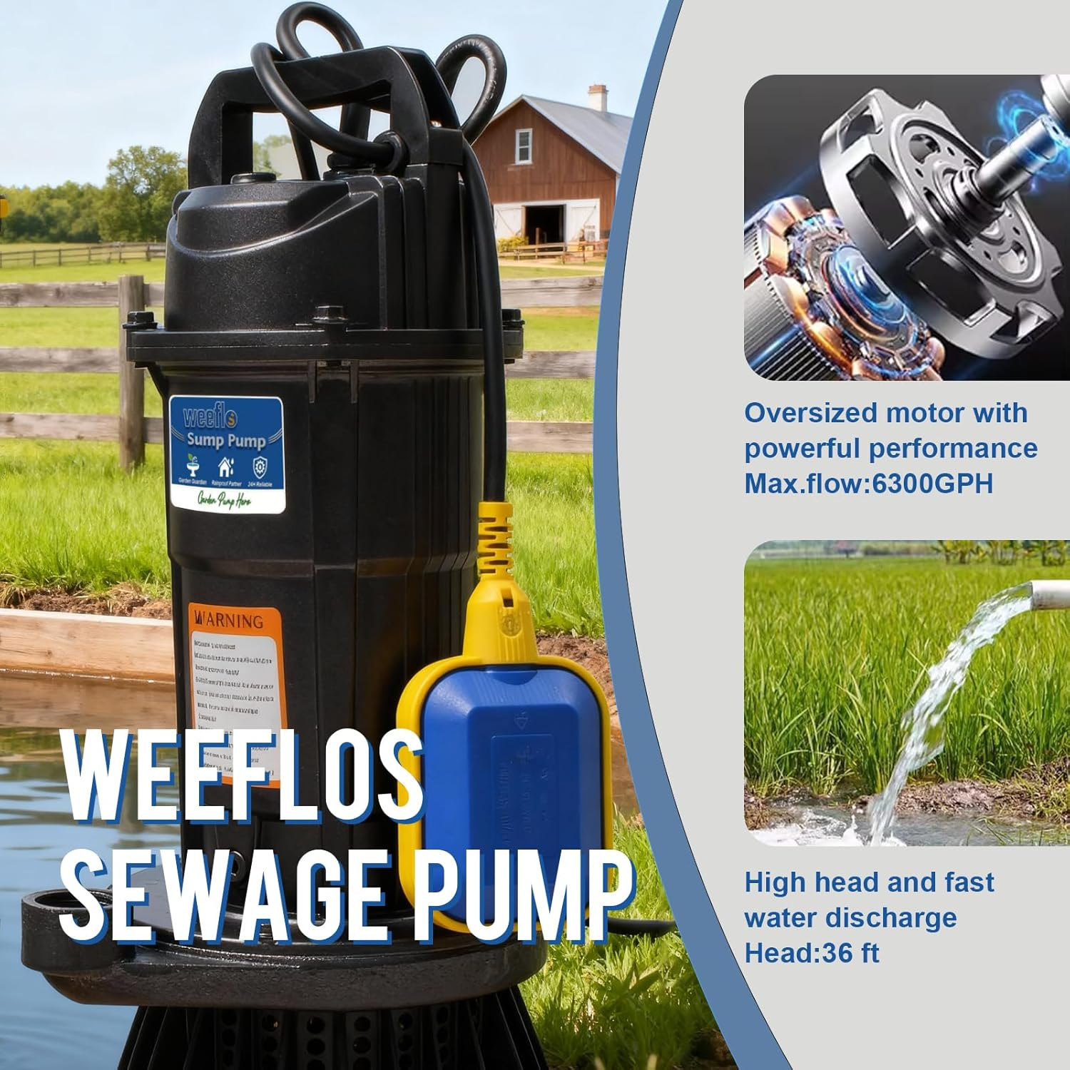 1.6HP Submersible Sump Pump 6300 GPH - Weeflos Heavy Duty Water Removal Pump with Auto Float Switch for Basement Flooding