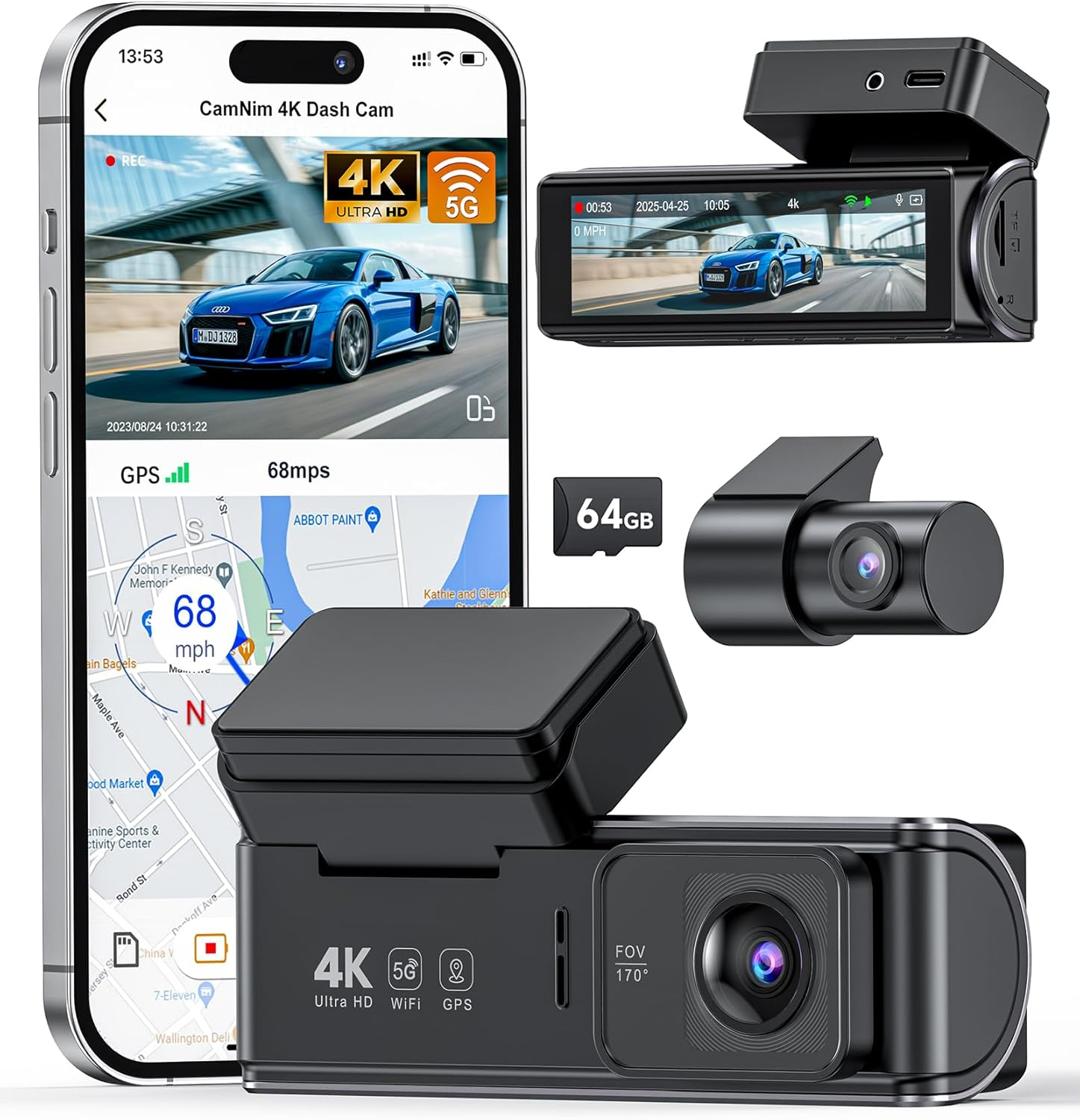 4K Dual Dash Cam Front and Rear - WiFi GPS Dashcam with Night Vision, 170° Wide Angle, 24H Parking Mode & 64GB SD Card