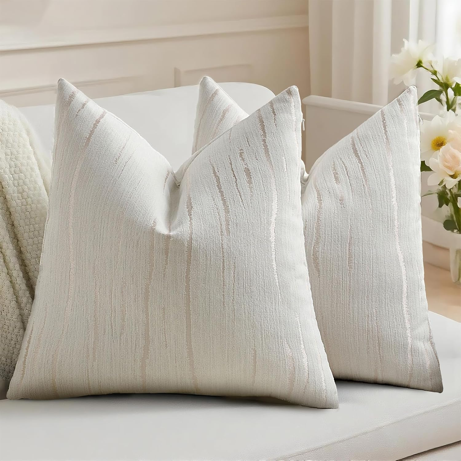 Cream Throw Pillow Covers 18x18 Set of 2 - Boho Embossed Striped Chenille Decorative Cushion Cases for Couch, Bed & Living Room