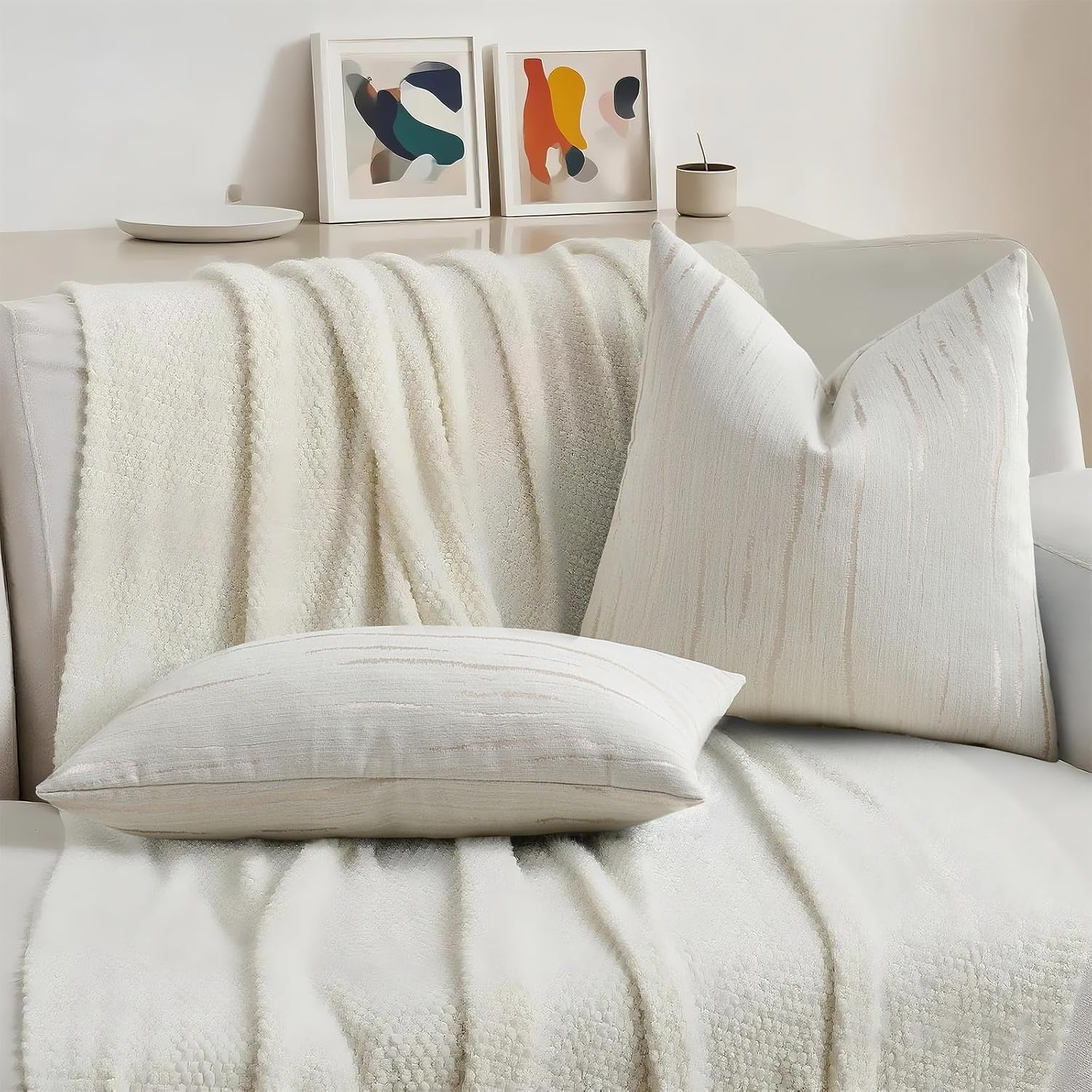 Cream Throw Pillow Covers 18x18 Set of 2 - Boho Embossed Striped Chenille Decorative Cushion Cases for Couch, Bed & Living Room