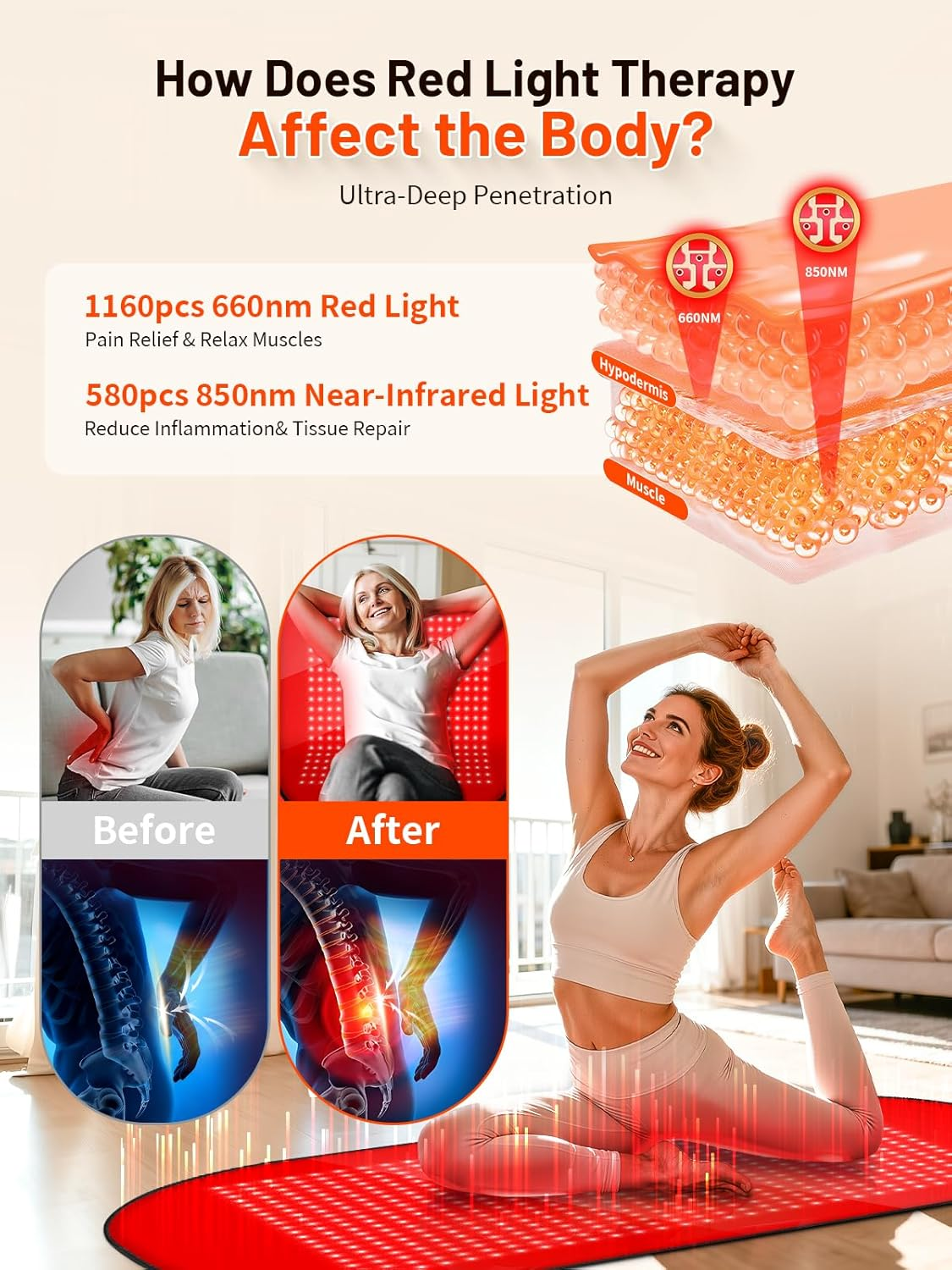 Red Light Therapy Mat 43x26 - 580 LED Near Infrared Pad 660nm 850nm for Full Body Pain Relief & Recovery