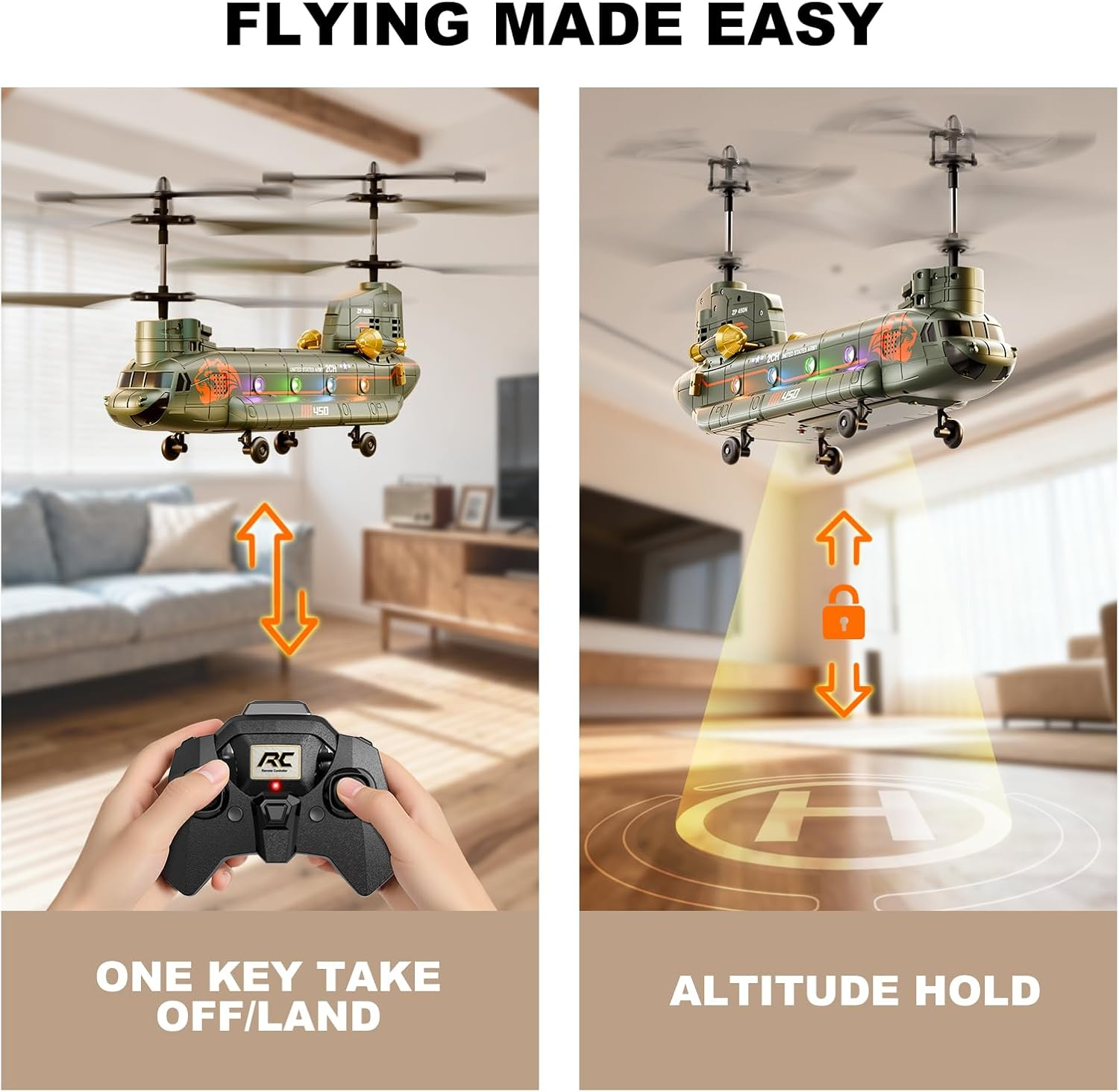 RC Helicopter with Altitude Hold for Kids & Adults | Military Transport Army Helicopter with LED Lights & One-Key Takeoff
