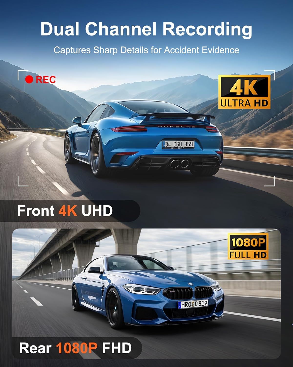 4K Dash Cam Front and Rear - Dual Camera with WiFi GPS, 24Hr Parking Mode, Night Vision, 170° Wide Angle