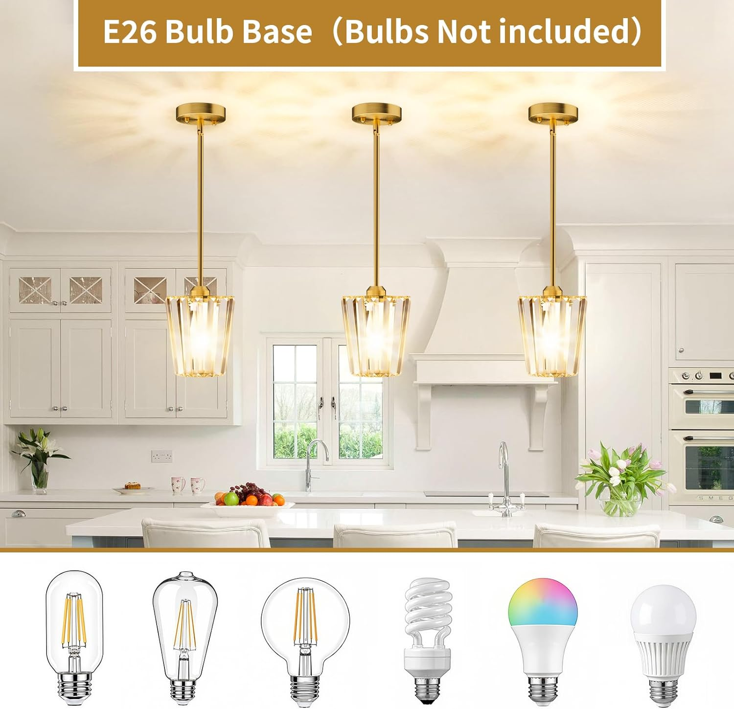 Crystal Pendant Lights for Kitchen Island - Modern Gold Mini Chandelier Fixtures with Adjustable Height, E26 Base for Dining Room, Bedroom, Hallway