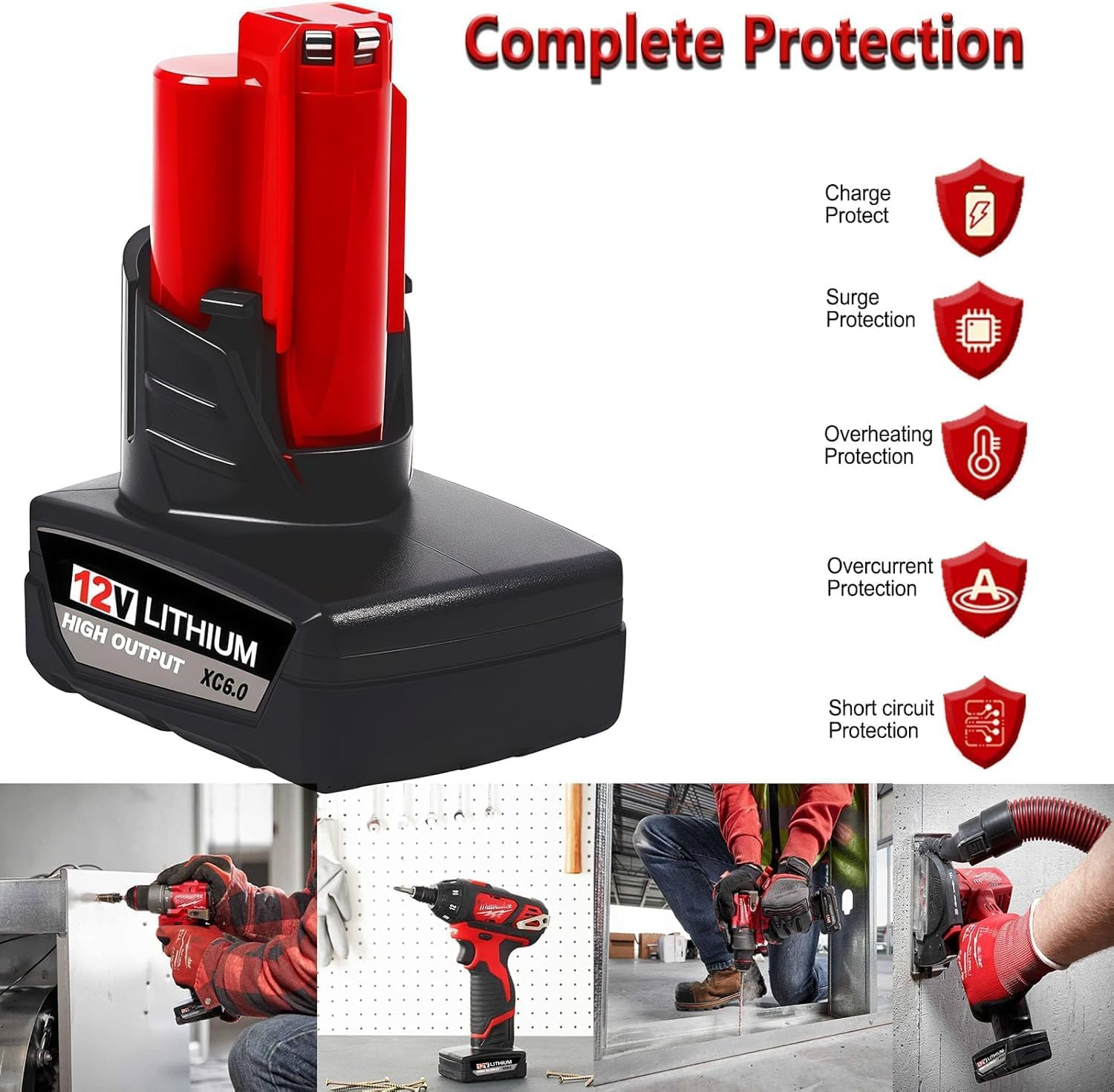 Milwaukee M12 48-11-2450 Battery 2-Pack - 12V 6.0Ah High Output Lithium-Ion Replacement with Charger | Compatible with M12 Tools & Heated Jackets