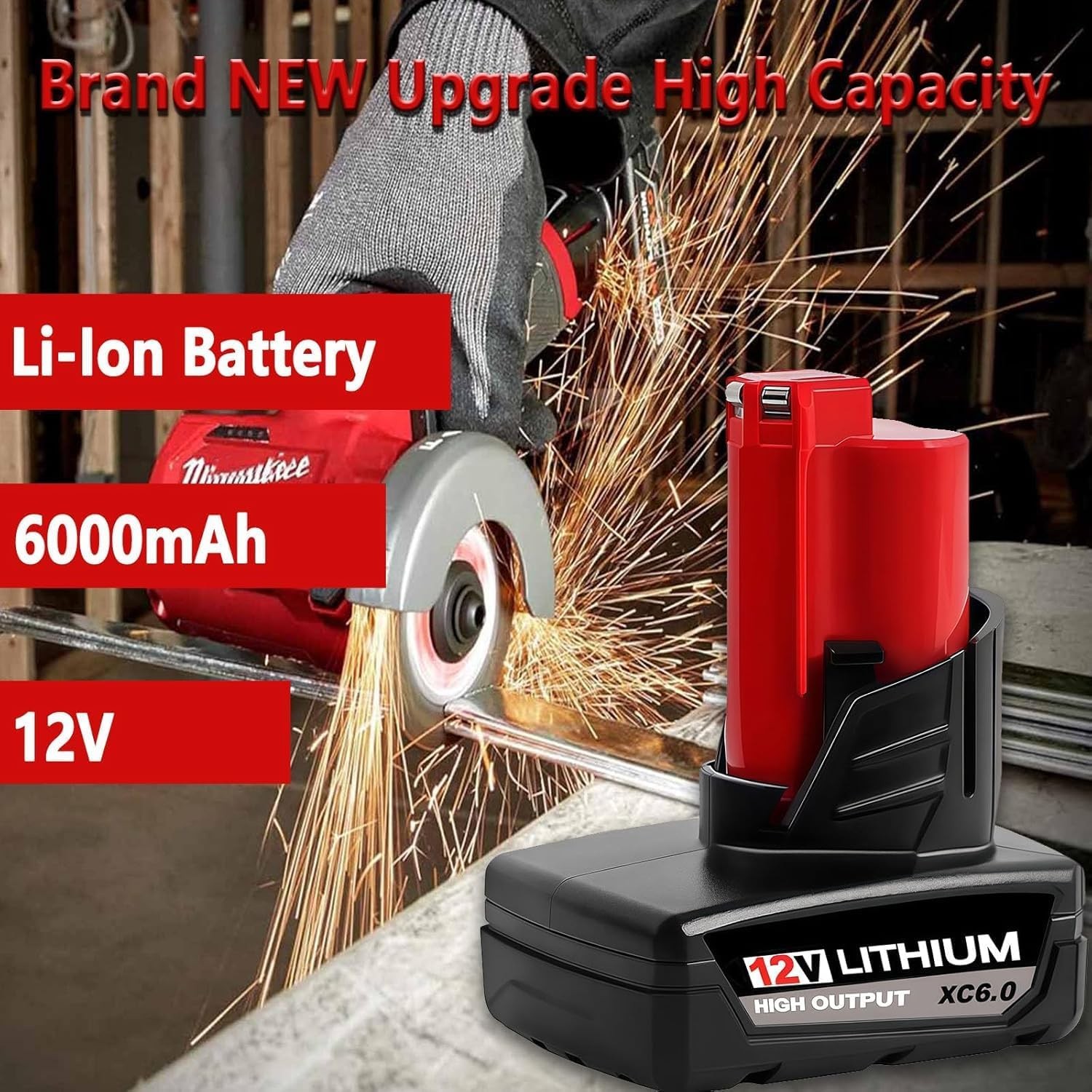 Milwaukee M12 48-11-2450 Battery 2-Pack - 12V 6.0Ah High Output Lithium-Ion Replacement with Charger | Compatible with M12 Tools & Heated Jackets