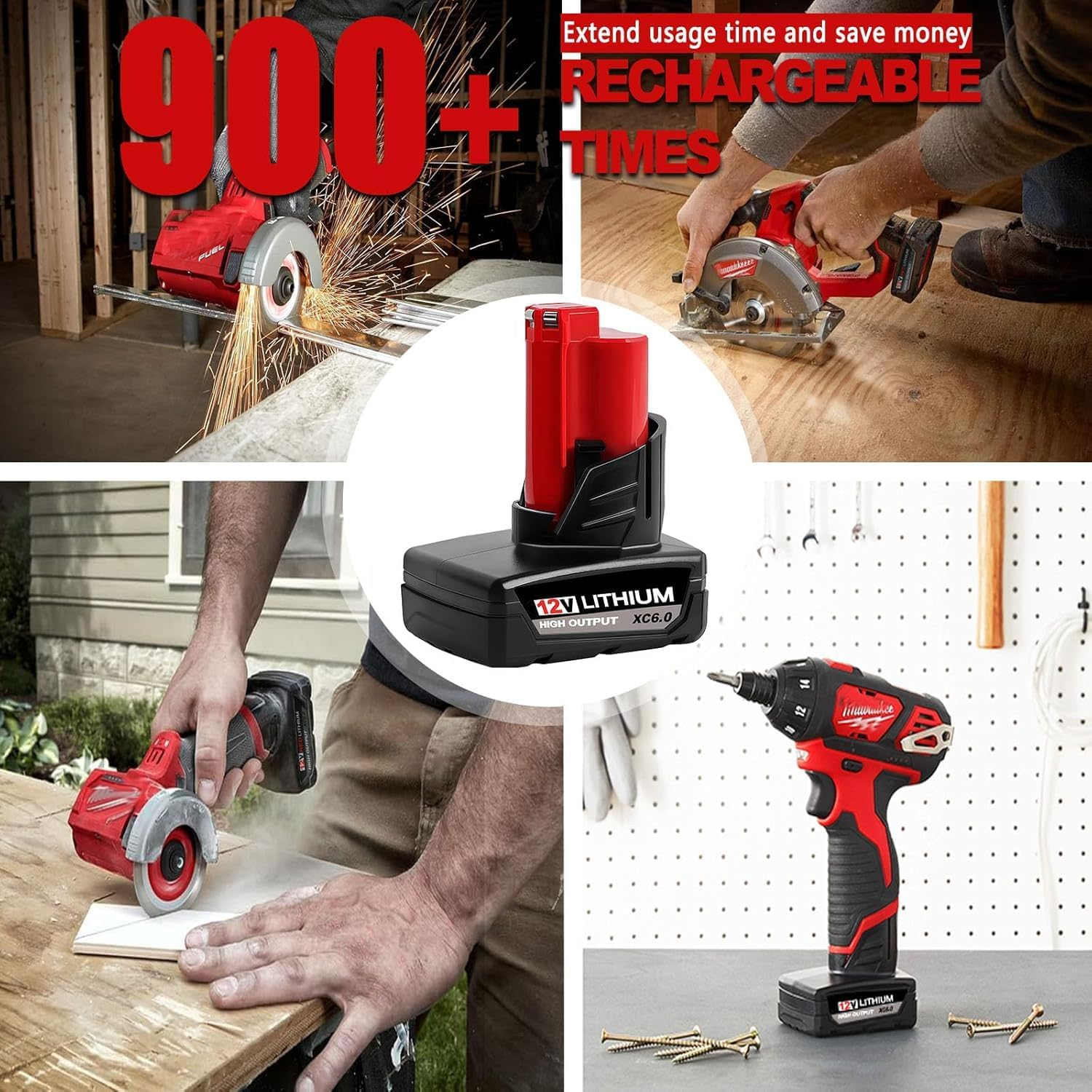 Milwaukee M12 48-11-2450 Battery 2-Pack - 12V 6.0Ah High Output Lithium-Ion Replacement with Charger | Compatible with M12 Tools & Heated Jackets