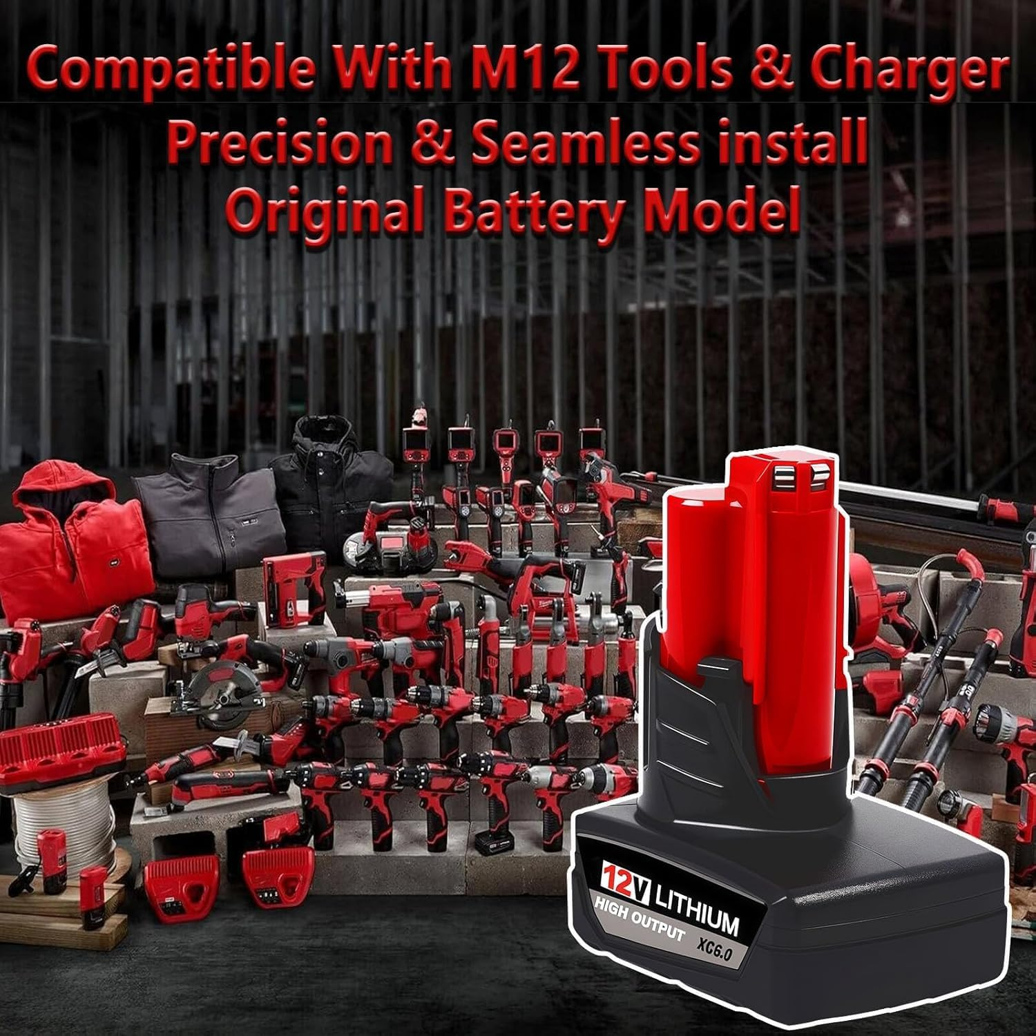 Milwaukee M12 48-11-2450 Battery 2-Pack - 12V 6.0Ah High Output Lithium-Ion Replacement with Charger | Compatible with M12 Tools & Heated Jackets