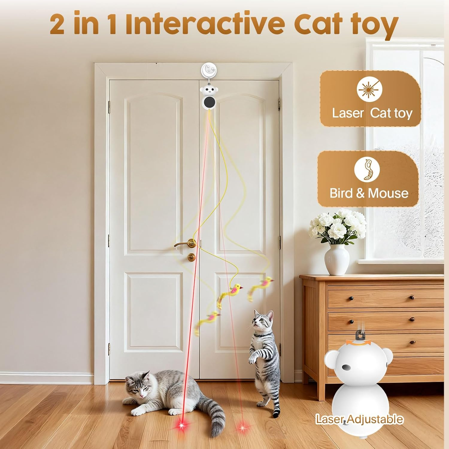 Interactive Cat Toys for Indoor Cats - 2-in-1 Laser Pointer & Automatic Flying Bird Wand | Smart Motion Sensor with Adjustable Speed & USB Rechargeable