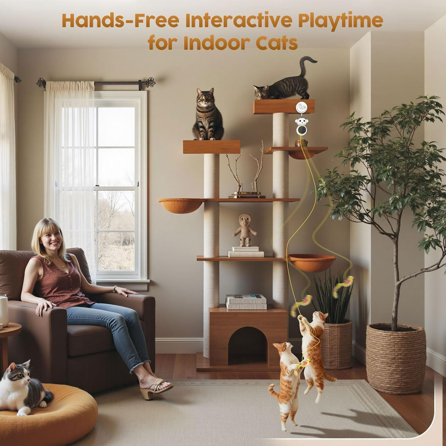 Interactive Cat Toys for Indoor Cats - 2-in-1 Laser Pointer & Automatic Flying Bird Wand | Smart Motion Sensor with Adjustable Speed & USB Rechargeable