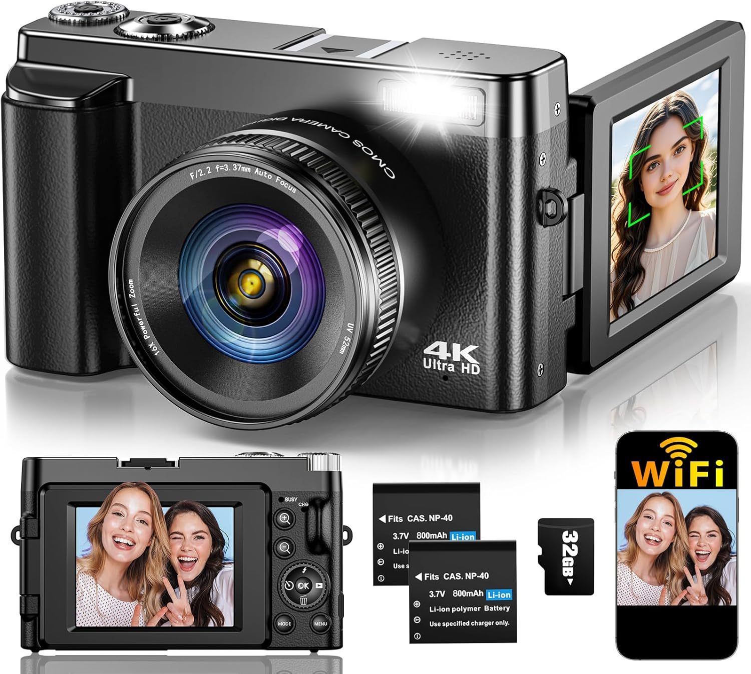 4K Digital Camera for Photography Autofocus, Upgraded 64MP WiFi Vlogging Camera for YouTube with 3" 180° Flip Screen, 16X Zoom, Compact Travel Cameras
