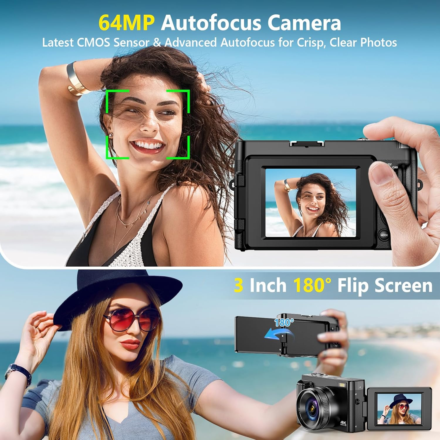4K Digital Camera for Photography Autofocus, Upgraded 64MP WiFi Vlogging Camera for YouTube with 3" 180° Flip Screen, 16X Zoom, Compact Travel Cameras