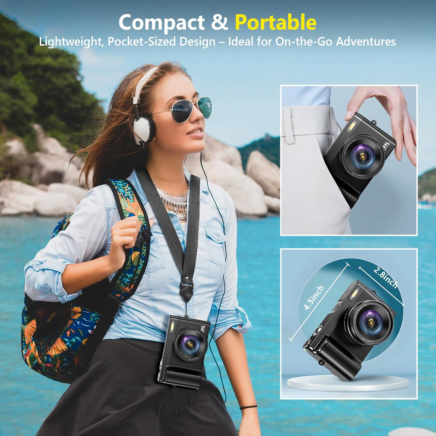4K Digital Camera for Photography Autofocus, Upgraded 64MP WiFi Vlogging Camera for YouTube with 3" 180° Flip Screen, 16X Zoom, Compact Travel Cameras