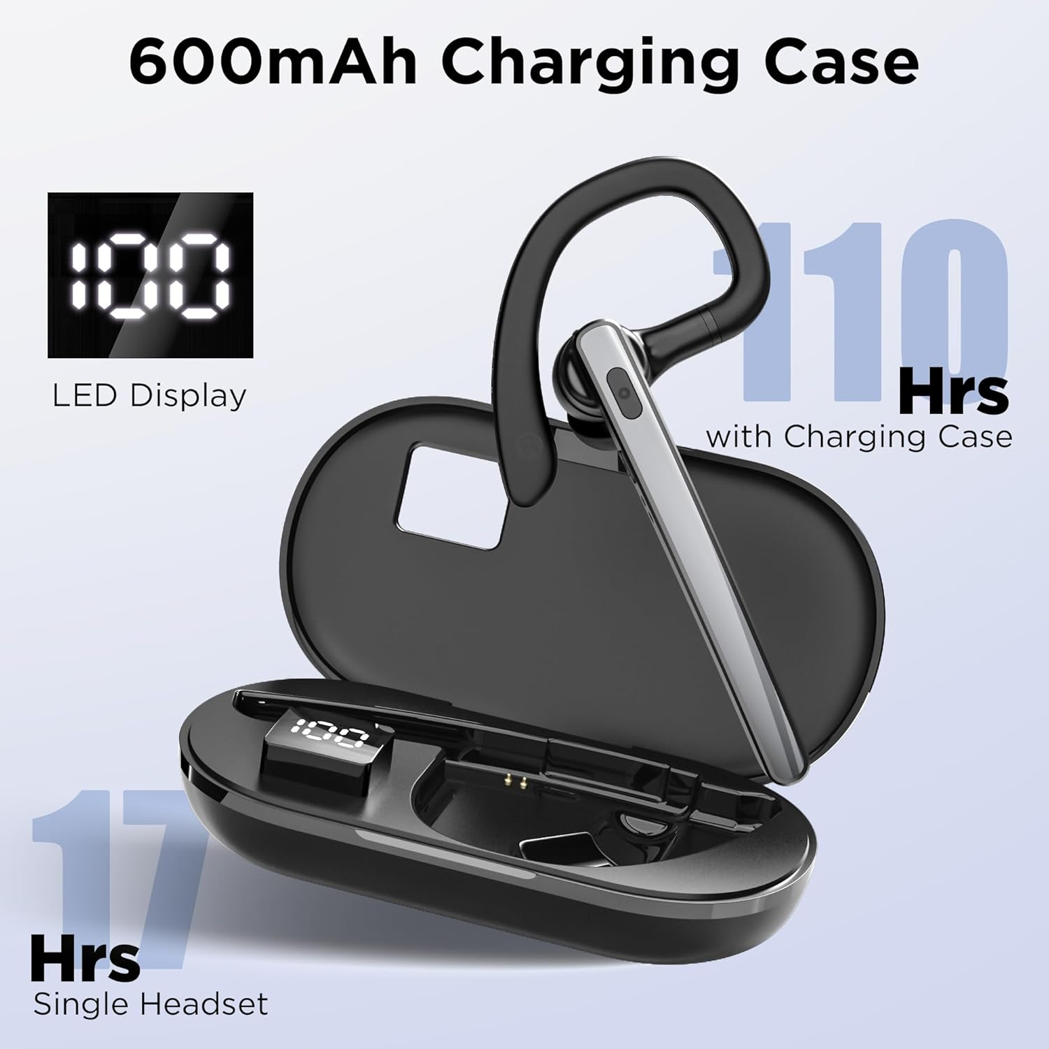 Bluetooth 5.3 Headset with 600mAh Charging Case - 110H Playtime Wireless Earpiece for Trucker Office Work