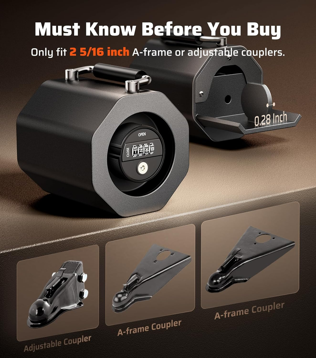 2-5/16" Anti-Theft Trailer Hitch Lock - Level 9 Security Combination Coupler Lock for RV, Boat & Trailer