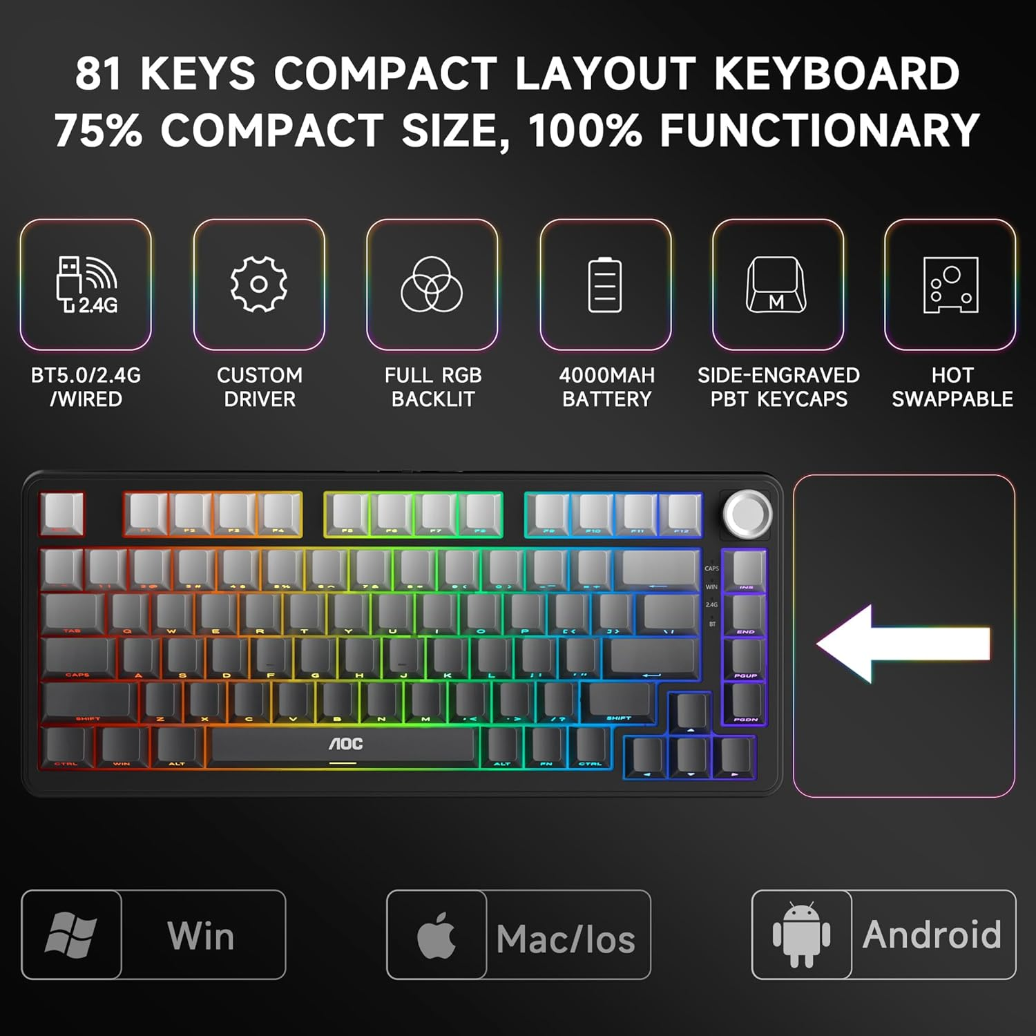 Gaming Keyboard Hot Swappable Wireless Mechanical - 75% Gasket Custom Keyboard with RGB Backlit & Knob