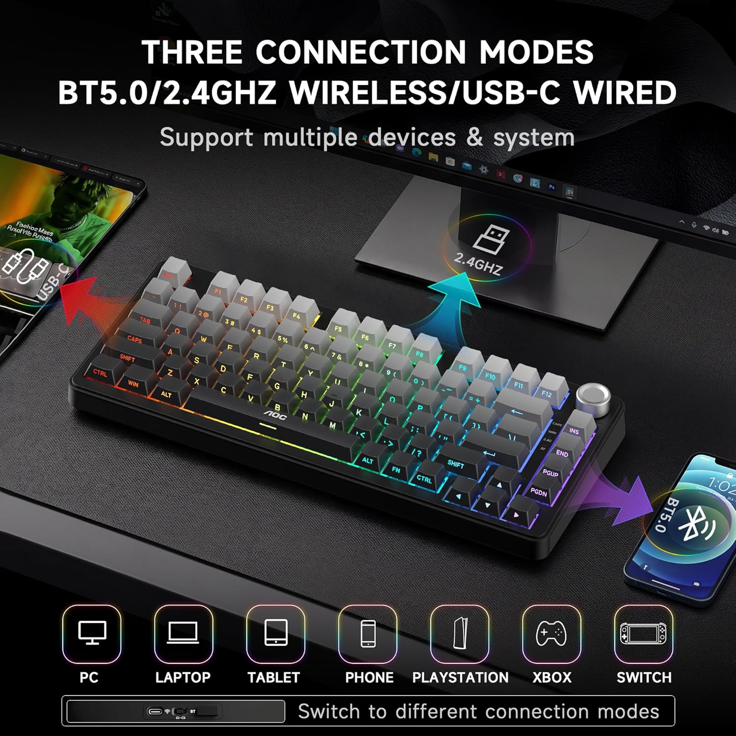 Gaming Keyboard Hot Swappable Wireless Mechanical - 75% Gasket Custom Keyboard with RGB Backlit & Knob