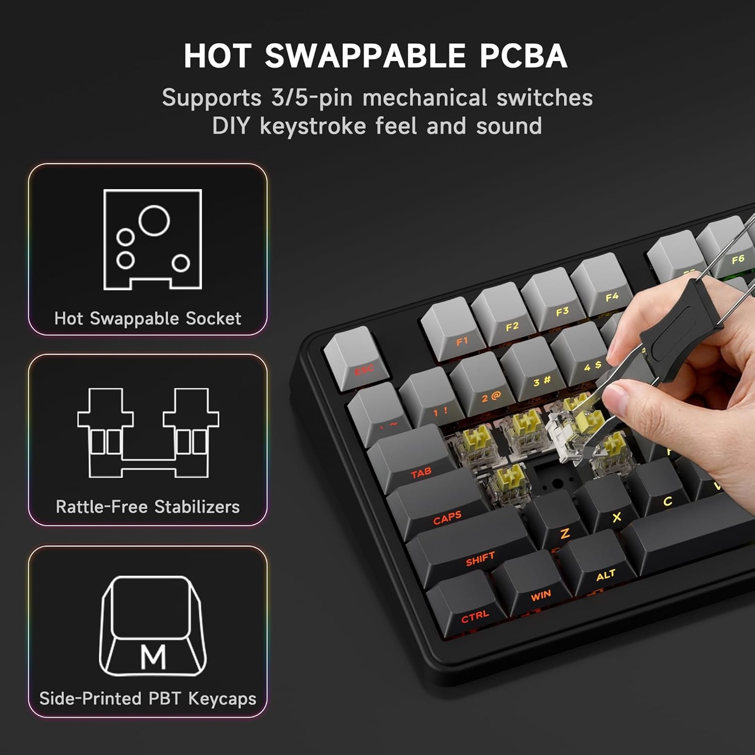 Gaming Keyboard Hot Swappable Wireless Mechanical - 75% Gasket Custom Keyboard with RGB Backlit & Knob