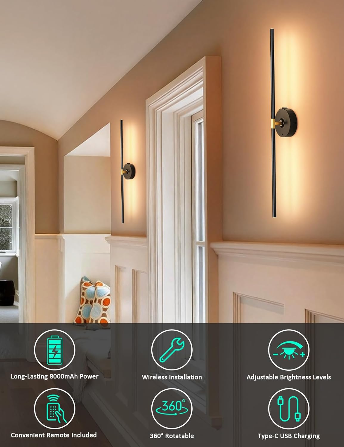 Rechargeable Battery Operated Wall Sconce with Remote & Timer - Wireless Wall Light for Bedroom, Living Room, Hallway & Picture Lighting