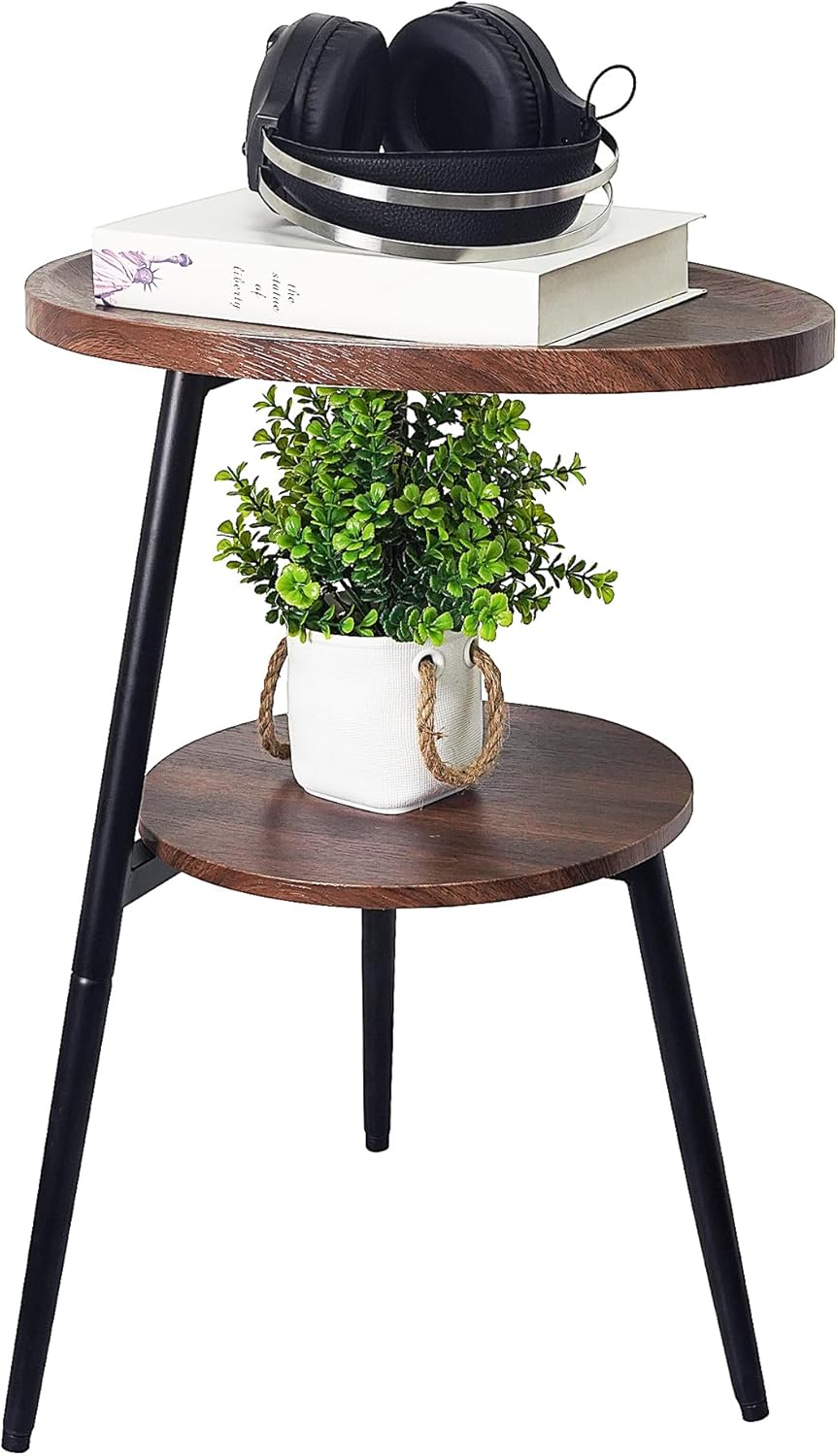 Small Oval Side Table with 2 Tier Storage - Rustic Brown Wood End Table with Metal Frame for Living Room, Bedroom & Small Spaces