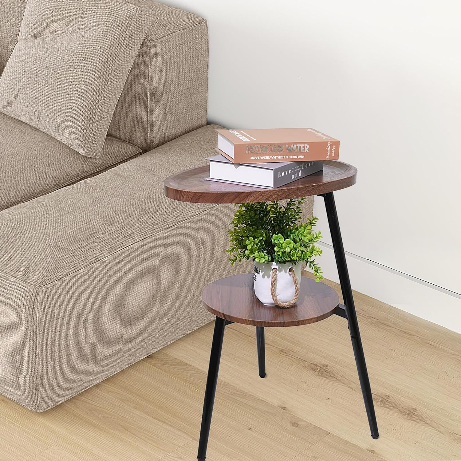Small Oval Side Table with 2 Tier Storage - Rustic Brown Wood End Table with Metal Frame for Living Room, Bedroom & Small Spaces