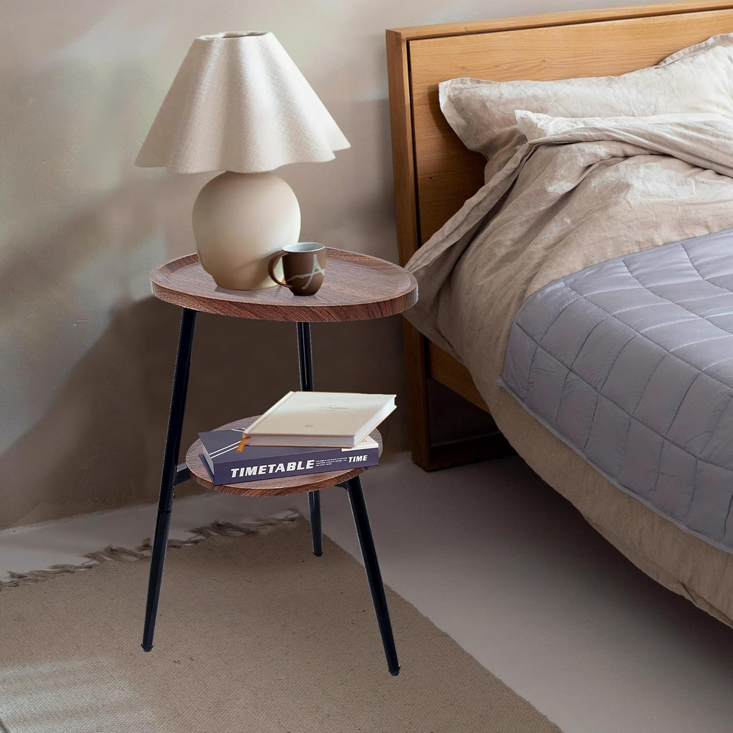Small Oval Side Table with 2 Tier Storage - Rustic Brown Wood End Table with Metal Frame for Living Room, Bedroom & Small Spaces