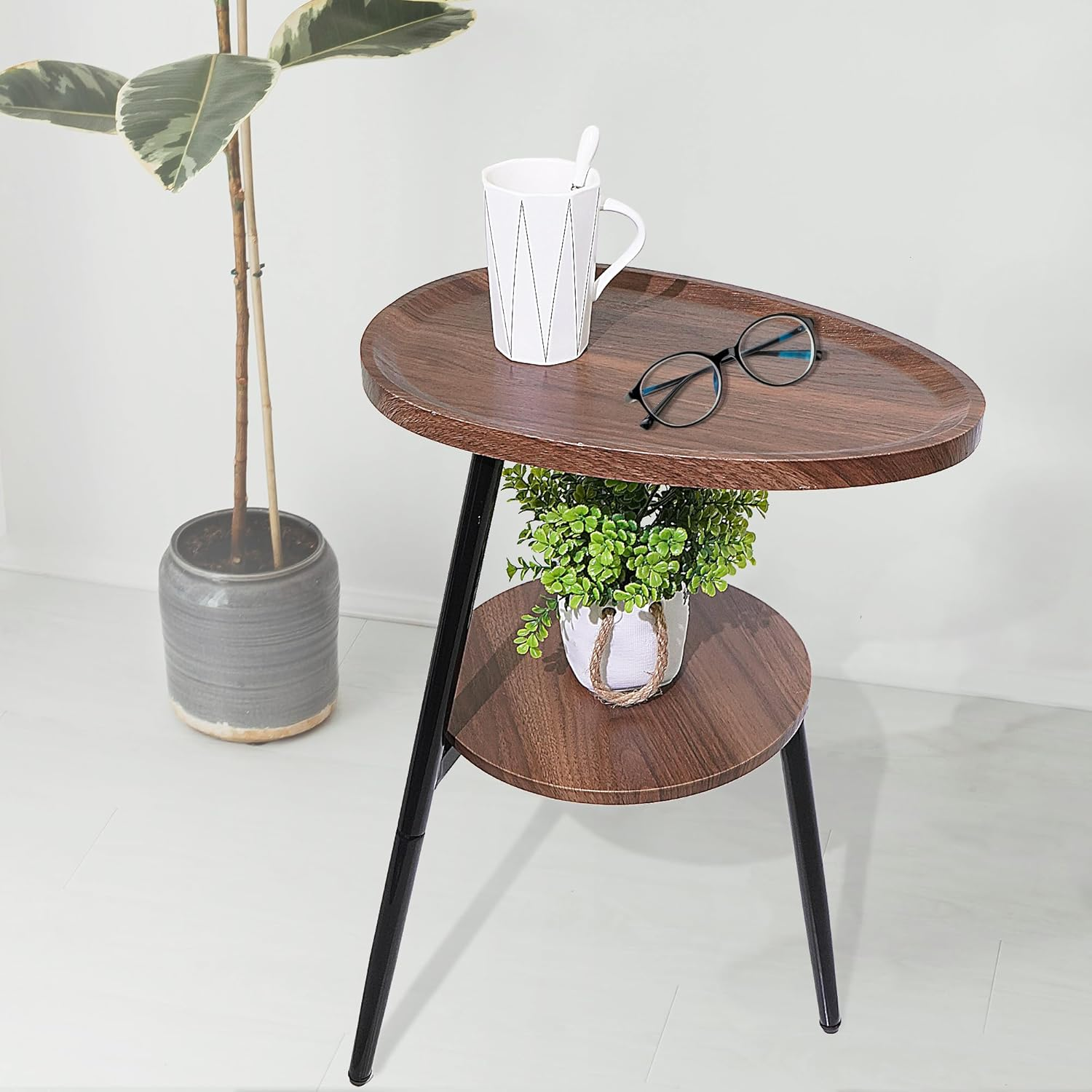 Small Oval Side Table with 2 Tier Storage - Rustic Brown Wood End Table with Metal Frame for Living Room, Bedroom & Small Spaces