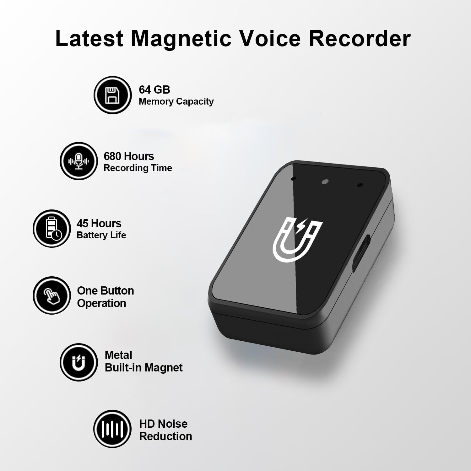 64GB Magnetic Voice Recorder - Mini Audio Recorder with Earphones, Type C Port, Continuous Recording for Lectures, Interviews & Meetings
