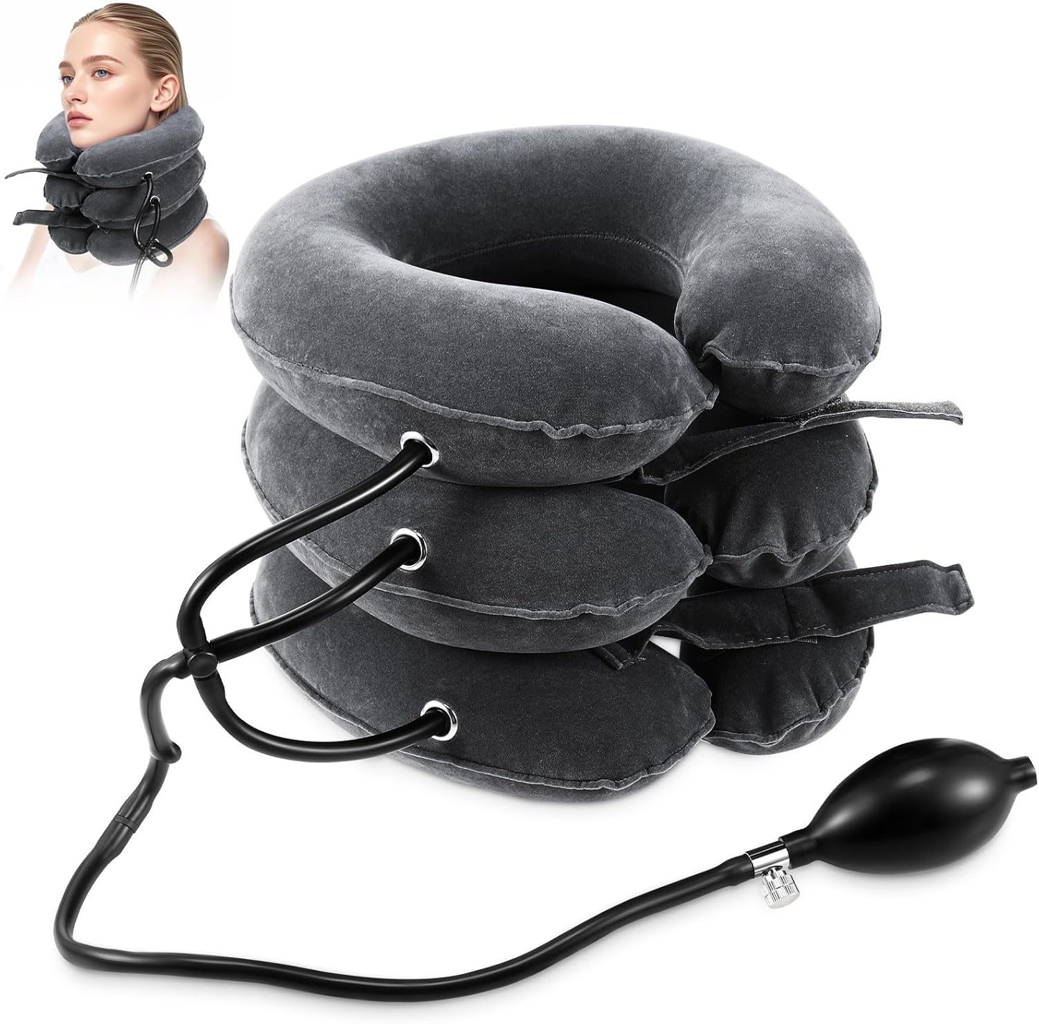 Neck Stretcher Cervical Traction Device - Adjustable Inflatable Neck Brace for Neck Pain Relief & Decompression at Home (Dark Gray)