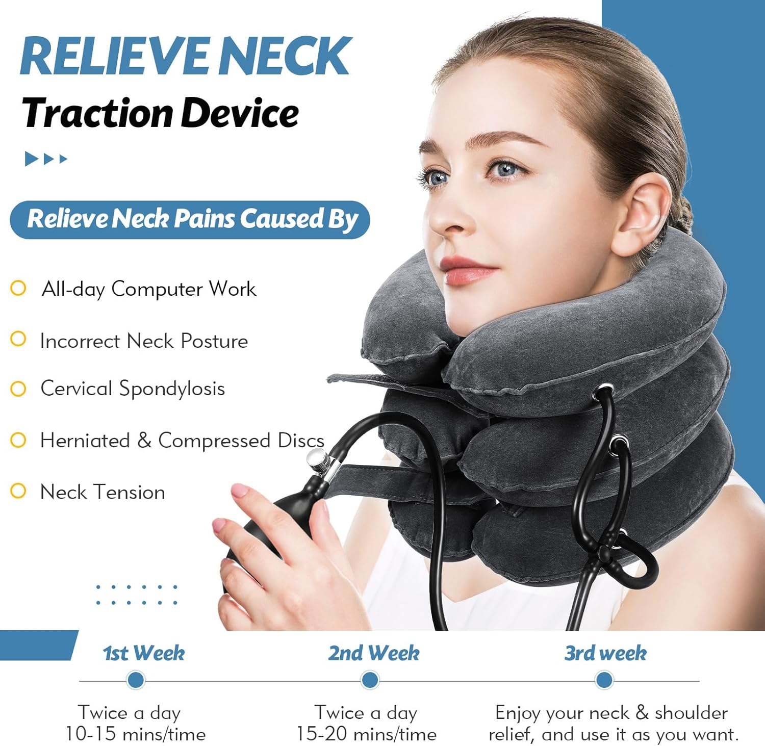 Neck Stretcher Cervical Traction Device - Adjustable Inflatable Neck Brace for Neck Pain Relief & Decompression at Home (Dark Gray)
