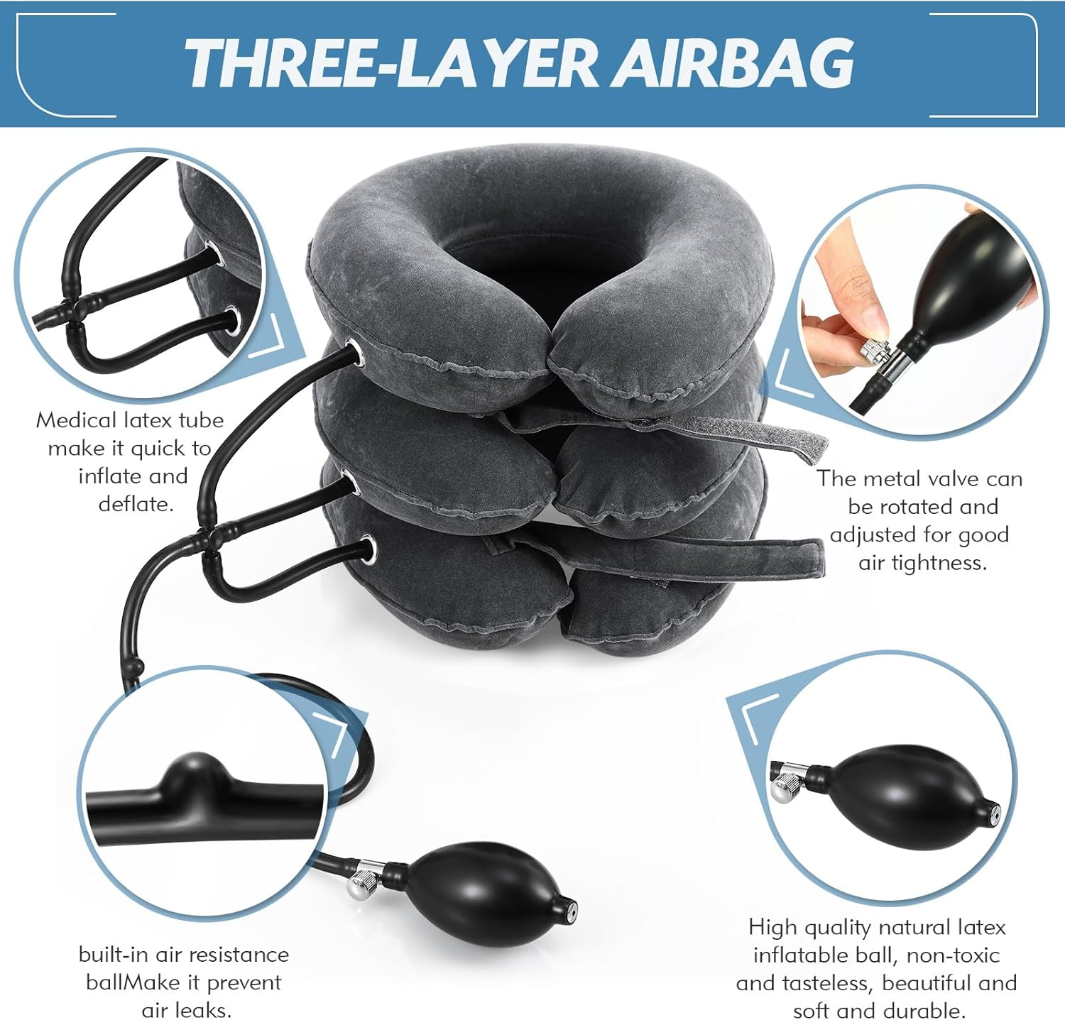 Neck Stretcher Cervical Traction Device - Adjustable Inflatable Neck Brace for Neck Pain Relief & Decompression at Home (Dark Gray)