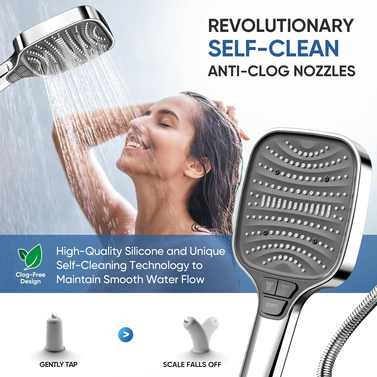 High Pressure Shower Head with Handheld - 8 Modes, Anti-Clog Nozzles, Built-in Power Wash, 59" Stainless Steel Hose & Bracket (Silver)