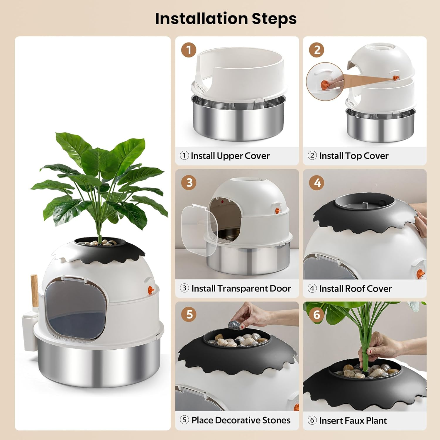 Hidden Litter Box Enclosure Stainless Steel Faux Plant