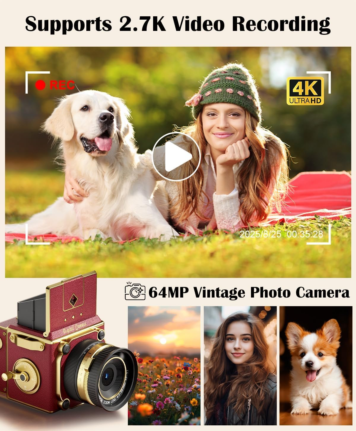 Vintage Digital Camera 56MP 2.7K Autofocus 16X Zoom 16GB