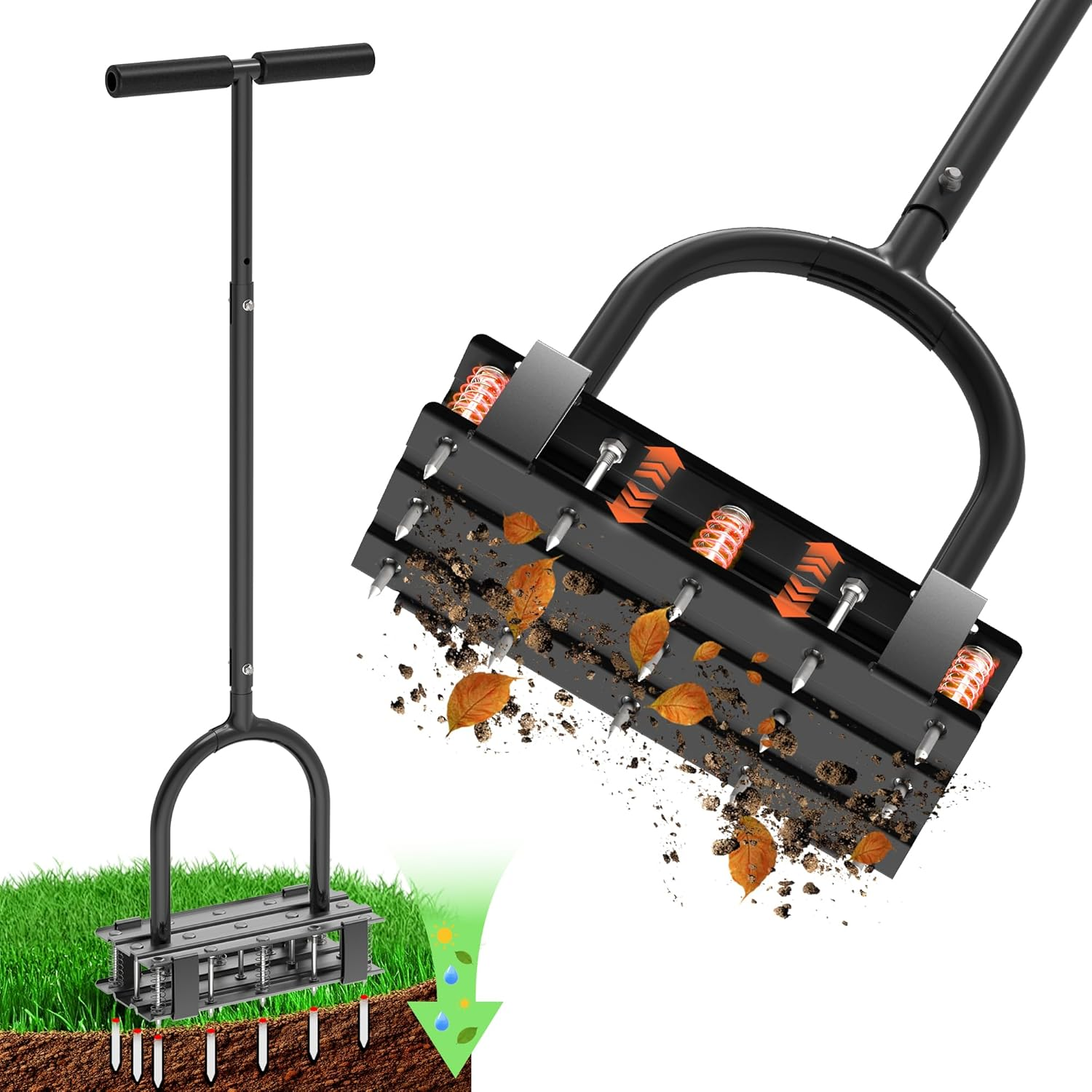 2-in-1 Manual Lawn Aerator 15 Spikes Heavy Duty T-Handle
