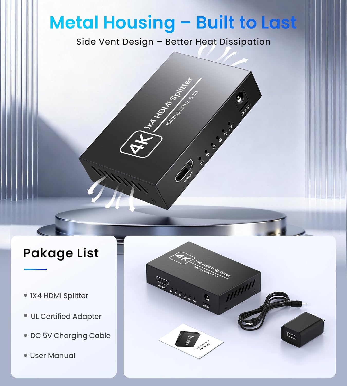 1x4 HDMI Splitter 4K Ultra HD 1080P 120Hz 3D Power Adapter