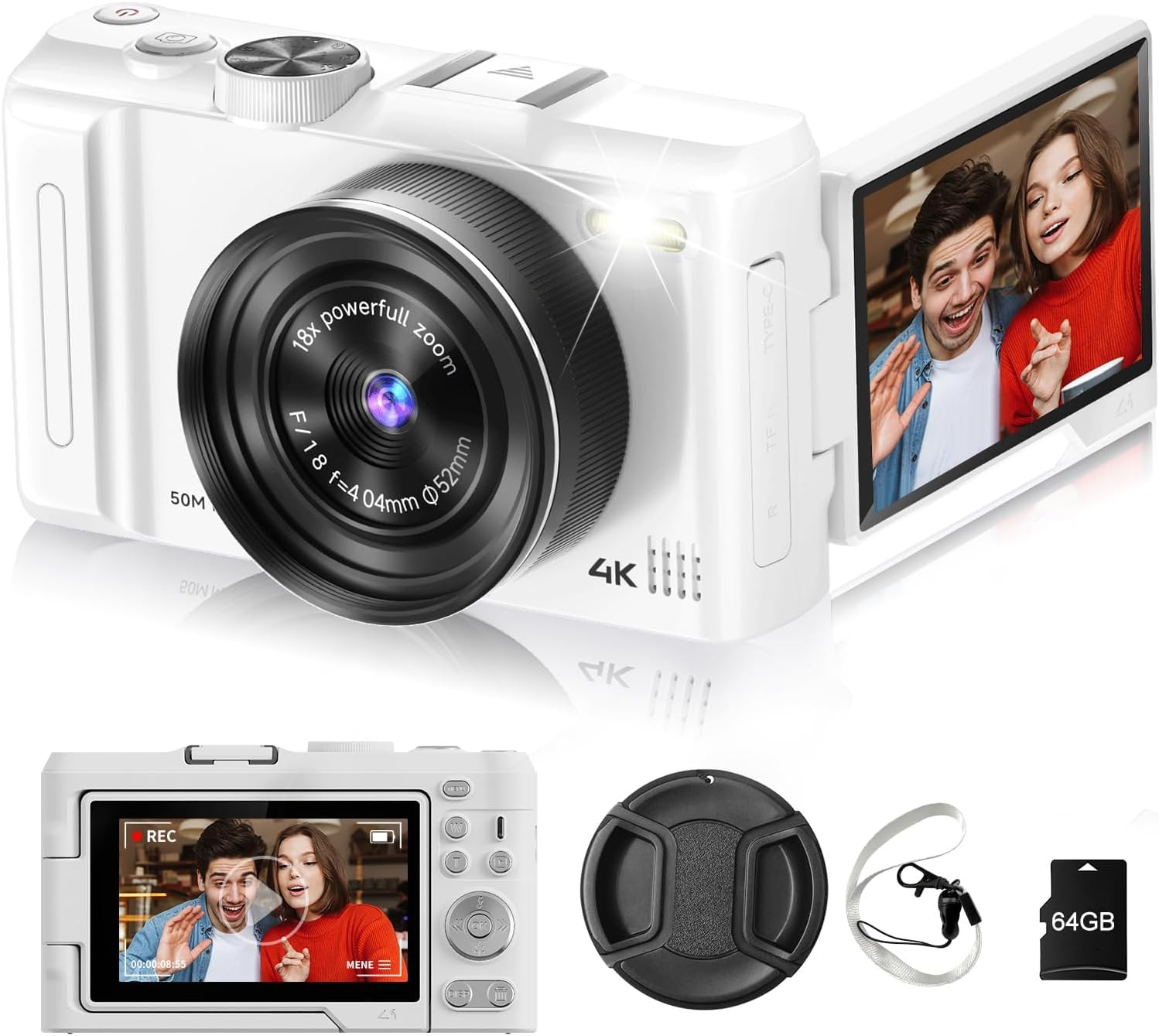 Digital Camera 4K 50MP Vlogging YouTube 64GB White