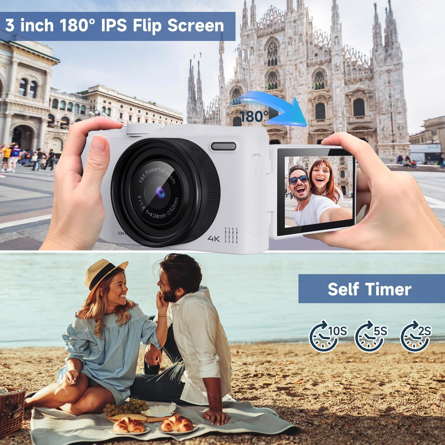Digital Camera 4K 50MP Vlogging YouTube 64GB White