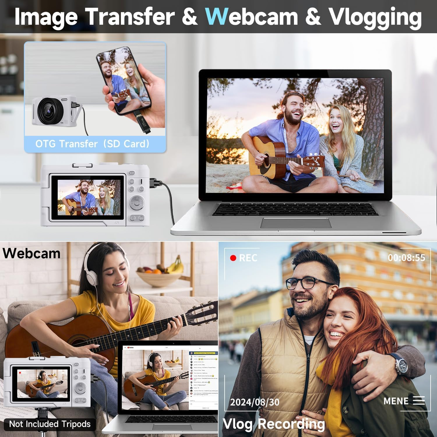 Digital Camera 4K 50MP Vlogging YouTube 64GB White