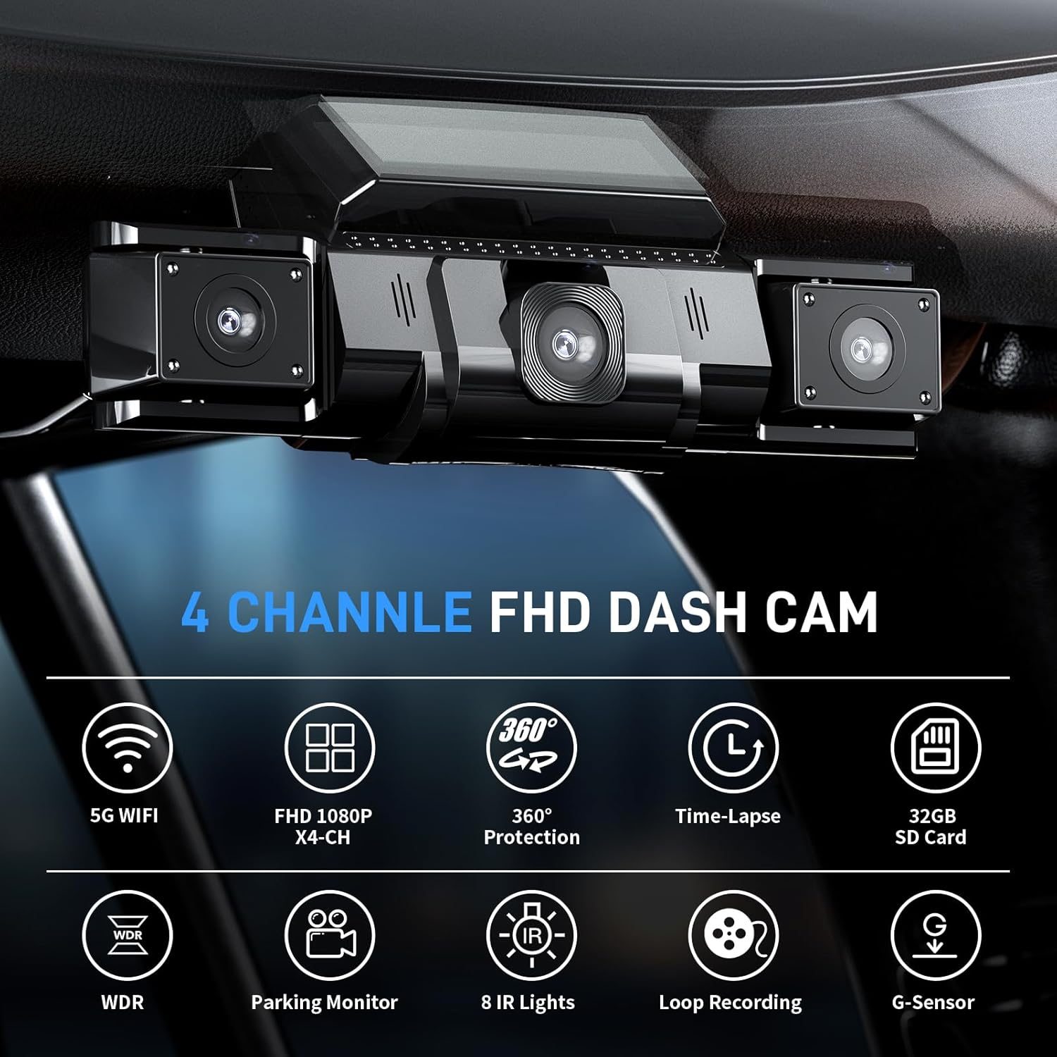 4 Channel Dash Cam 360 View GPS WiFi
